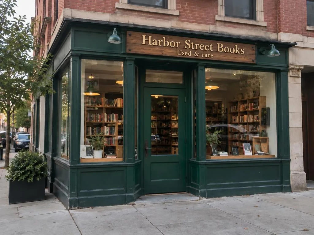 The same bookshop with a carved wood sign reading Harbor Street Books, Used & rare