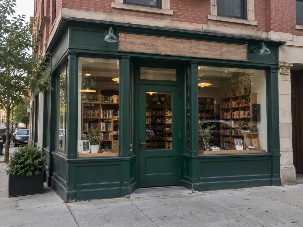 A green corner bookshop with a blank wooden fascia