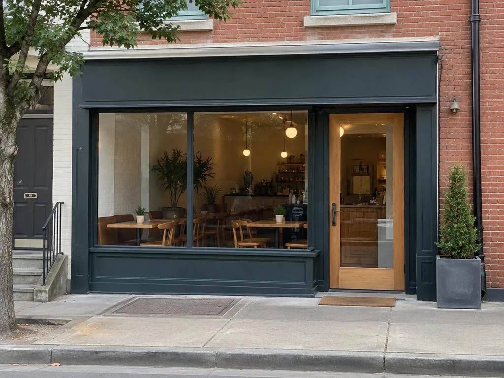 A café front with a blank dark fascia above the windows