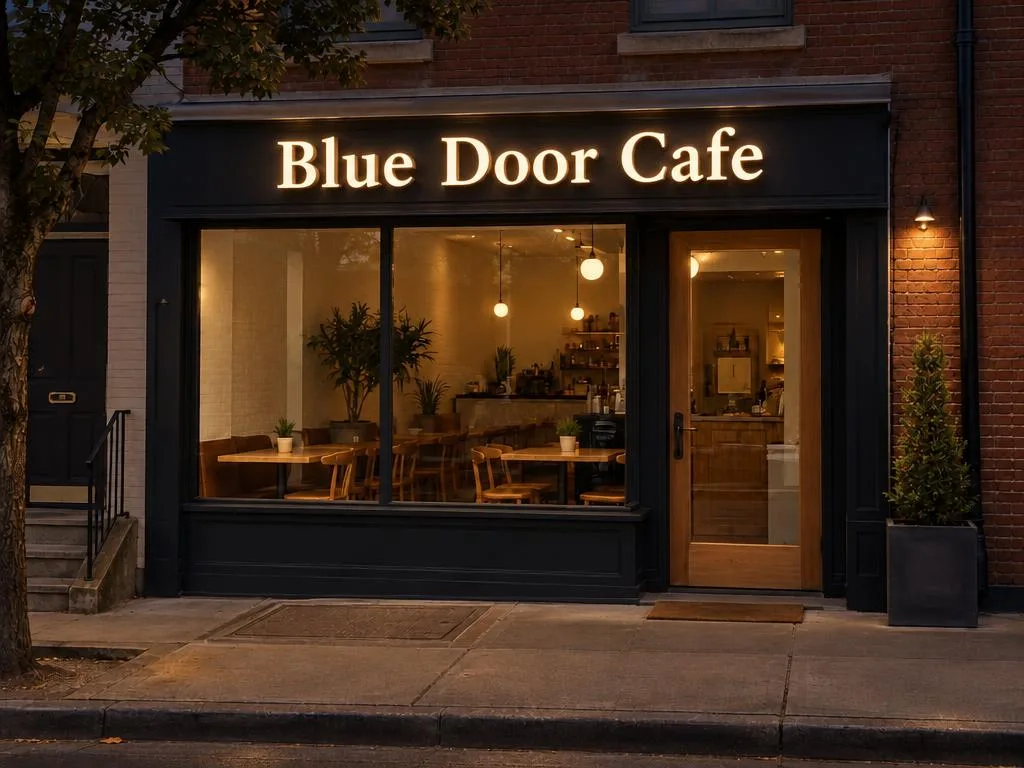The café sample at night, its channel letters lit